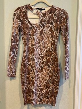 Vintage Guess Y2K Faux-Snake Print Long Sleeve Bodycon Dress with Ring Cutout